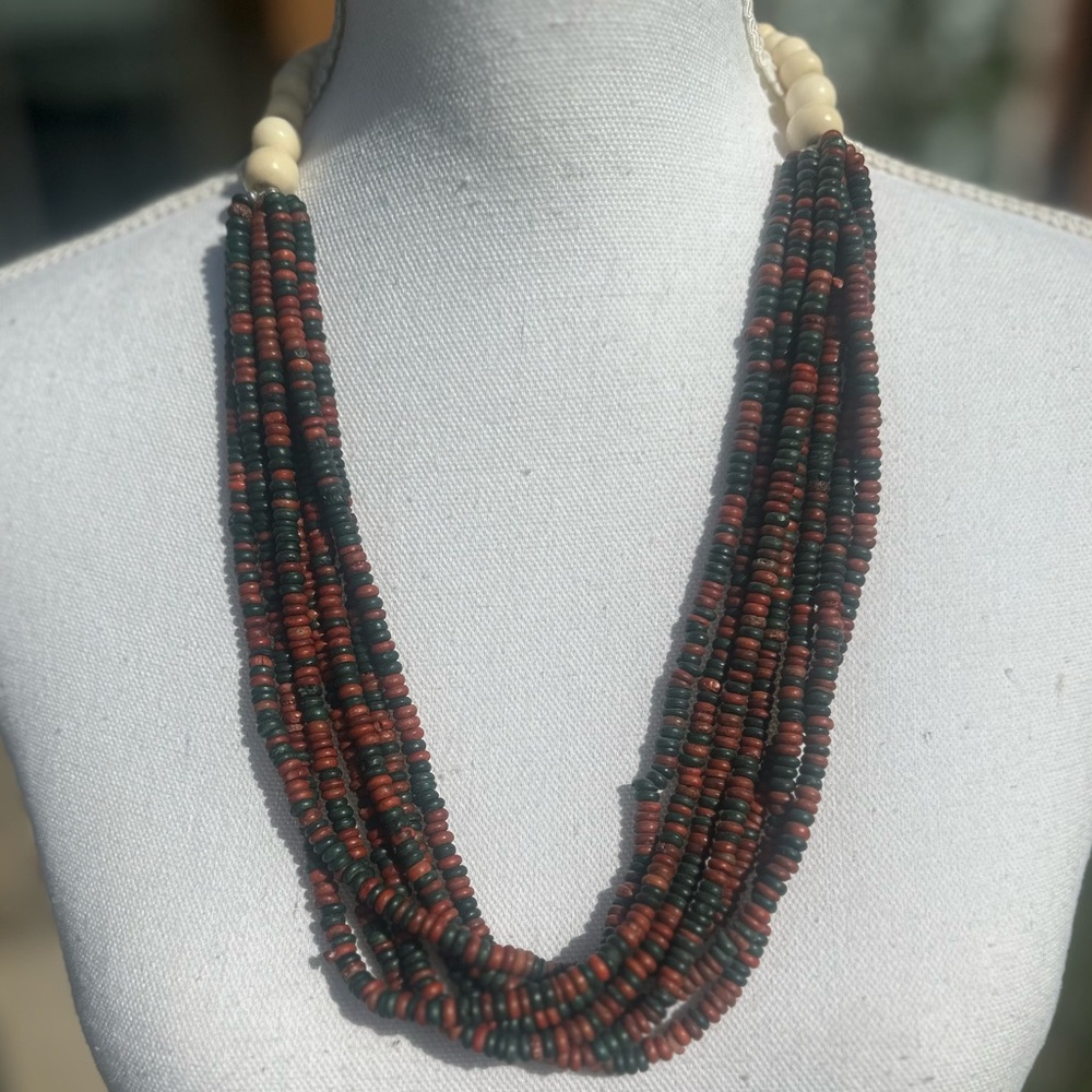 Vintage Ethnic Style Red and Green Multi-Strand Beaded Necklace - Picture 1 of 7